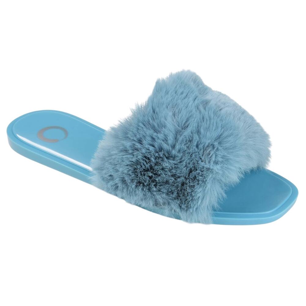 Journee Women's Dusk Faux Fur Band Slide Sandals Blue Size 10
